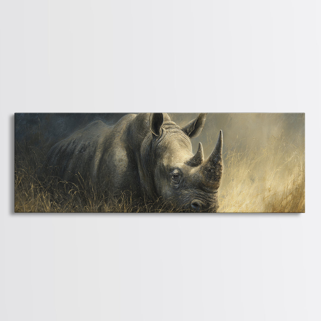 Rhino in Dramatic Stormy Light Canvas Print, Wildlife Art, Neutral Decor, Living Room Decor, Fine Art, Wild, Wall Art, WIL-3x1-96