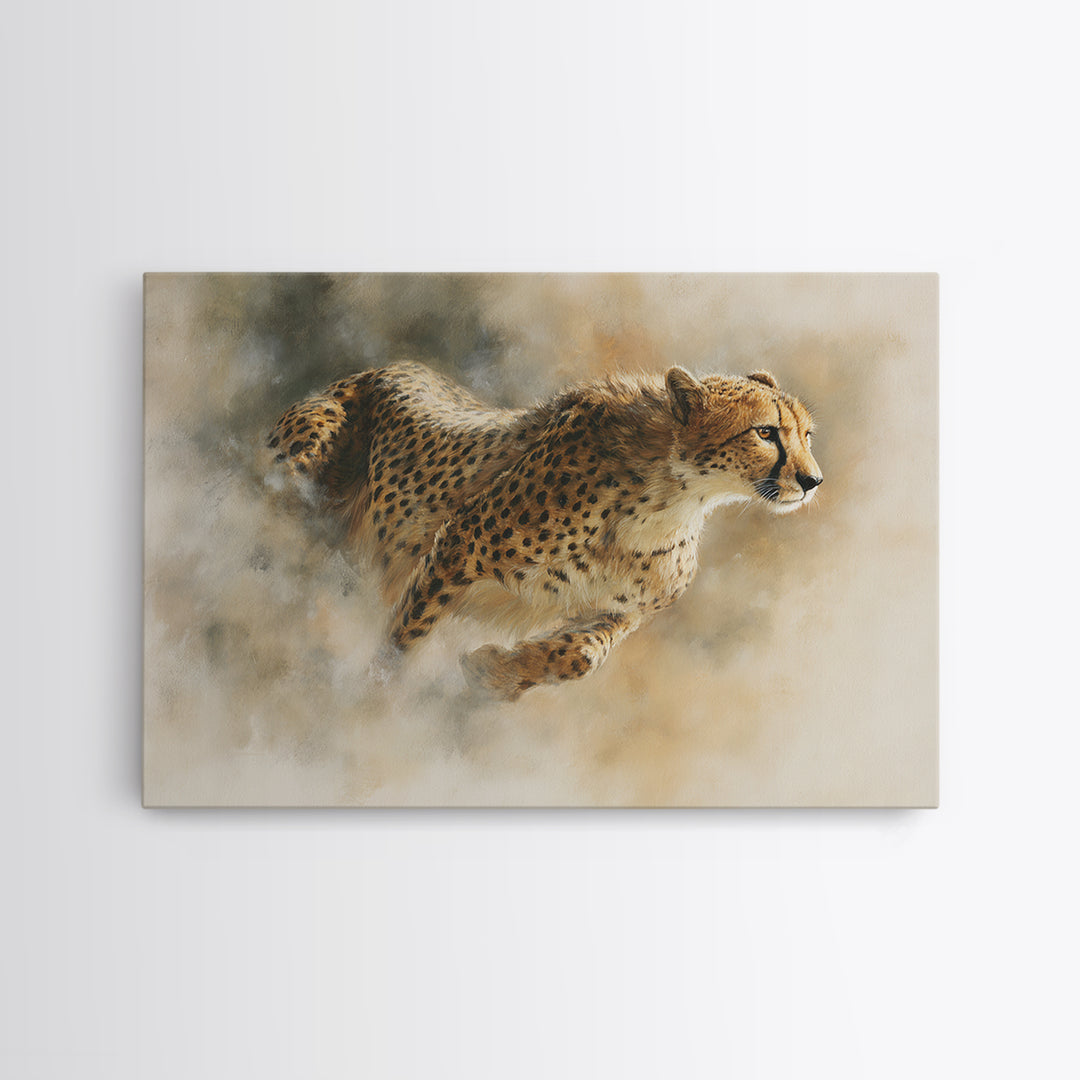 Cheetah Running Through Warm Dust Canvas Print, Wildlife Art, Modern Wall Art, Living Room Decor, Fine Art, Wild, Bird Wall Art, WIL-3x2-1