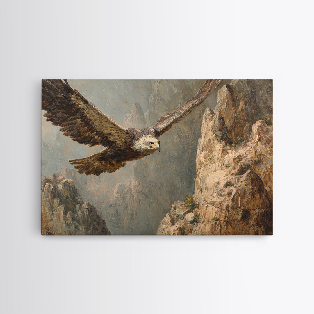 Eagle Soaring Above Rocky Cliffs Framed Canvas Print, Wildlife Art, Wall Art Print, Living Room Decor, Fine Art, Wild, WIL-3x2-10