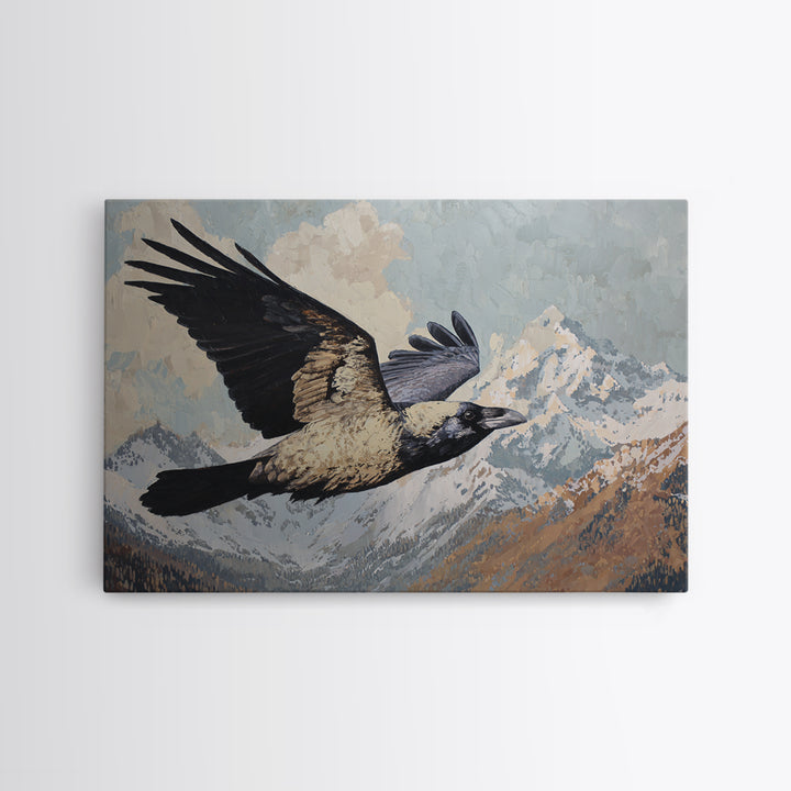 Raven Flying Through Snowy Mountains Framed Canvas Print, Wildlife Art, Fine Art Print, Living Room Decor, Fine Art, Wild, WIL-3x2-100