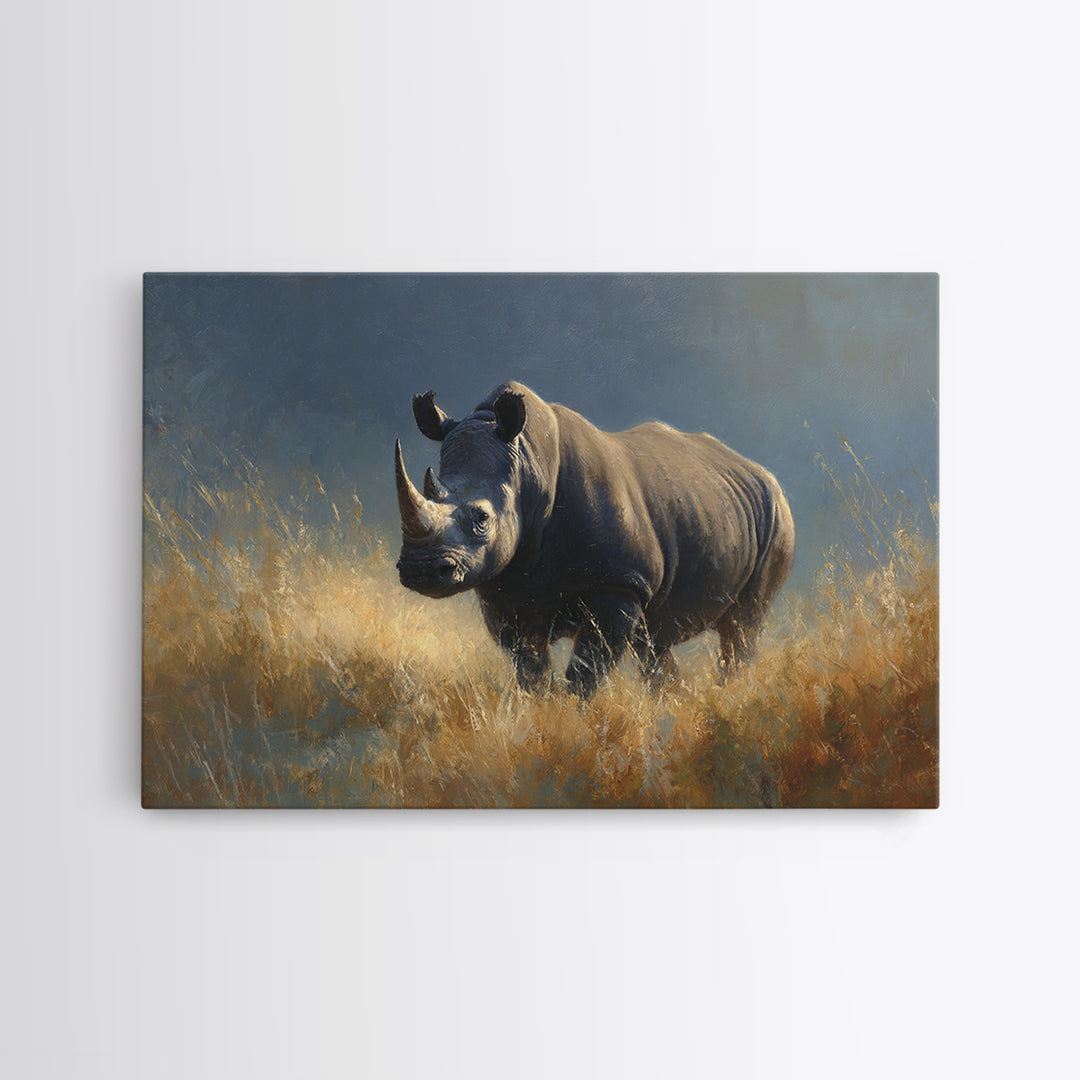 Rhino in Dramatic Stormy Light Canvas Print, Wildlife Art, Modern Wall Art, Living Room Decor, Fine Art, Wild, Bird Wall Art, WIL-3x2-12