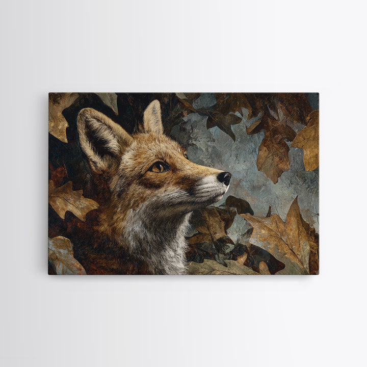 Fox in Autumn Forest Leaves Framed Canvas Print, Wildlife Art, Canvas Print, Living Room Decor, Fine Art, Wild, Forest Wall Art, WIL-3x2-13