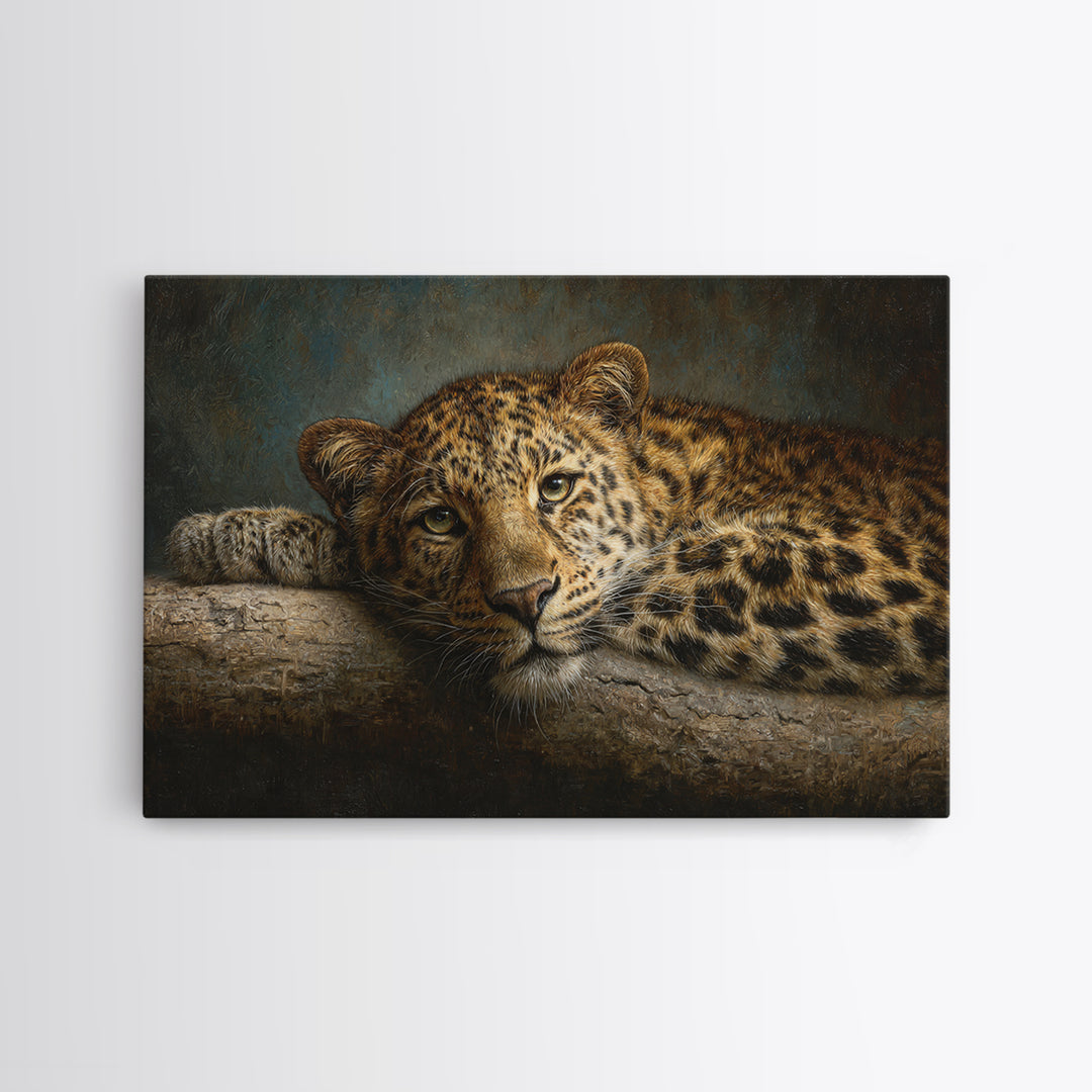 Leopard Resting on Tree Branch Framed Canvas Print, Wildlife Art, Large Wall Art, Living Room Decor, Watercolor Art, Wild, WIL-3x2-18