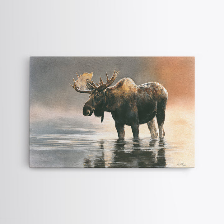Moose Standing in Reflective Lake Framed Canvas Print, Wildlife Art, Living Room Wall Art, Living Room Decor, Oil Painting, WIL-3x2-23