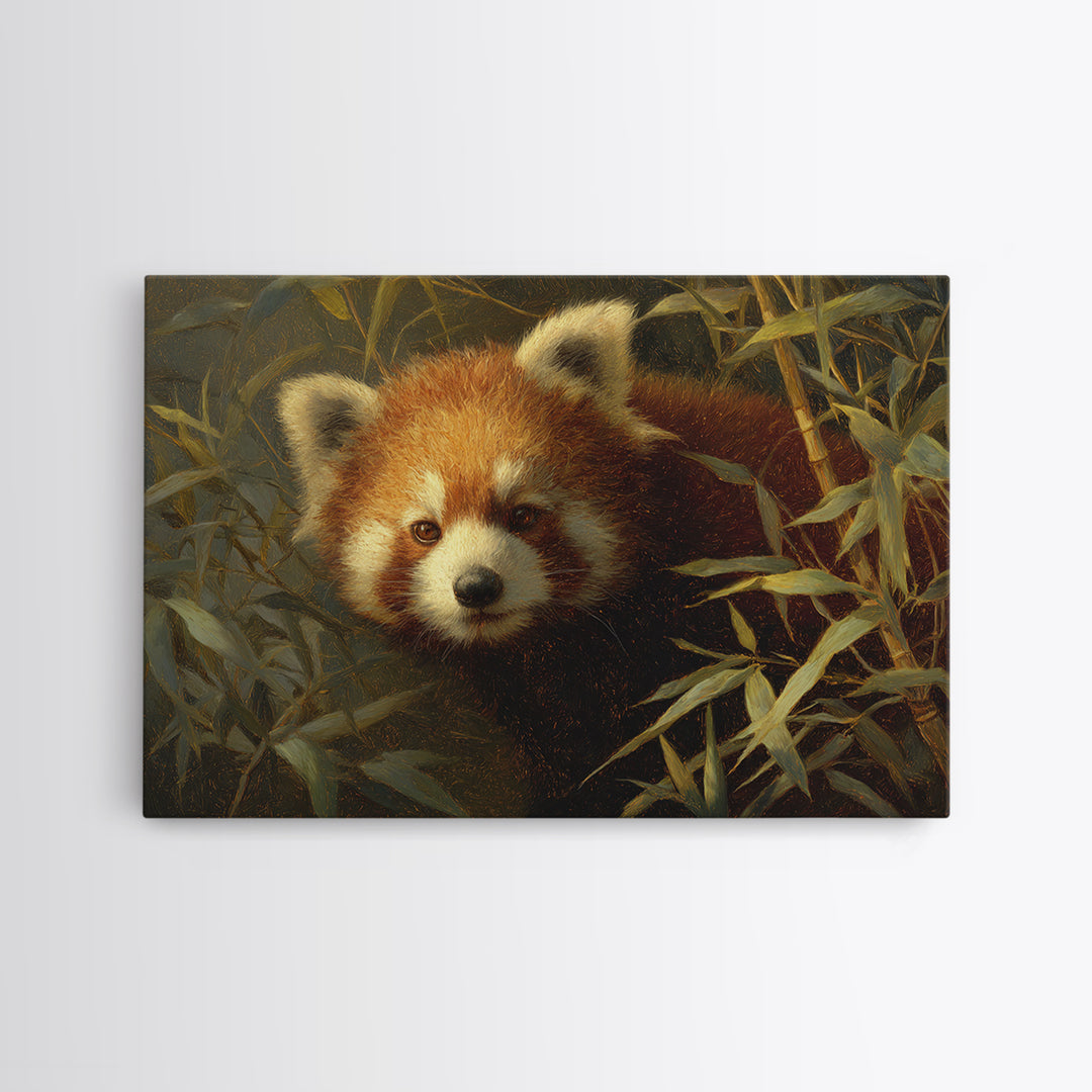 Red Panda Among Bamboo Leaves Framed Canvas Print, Wildlife Art, Canvas Print, Living Room Decor, Wild, Forest Wall Art, WIL-3x2-24