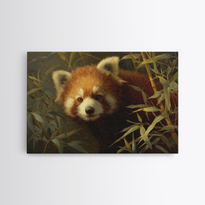 Red Panda Among Bamboo Leaves Framed Canvas Print, Wildlife Art, Canvas Print, Living Room Decor, Wild, Forest Wall Art, WIL-3x2-24