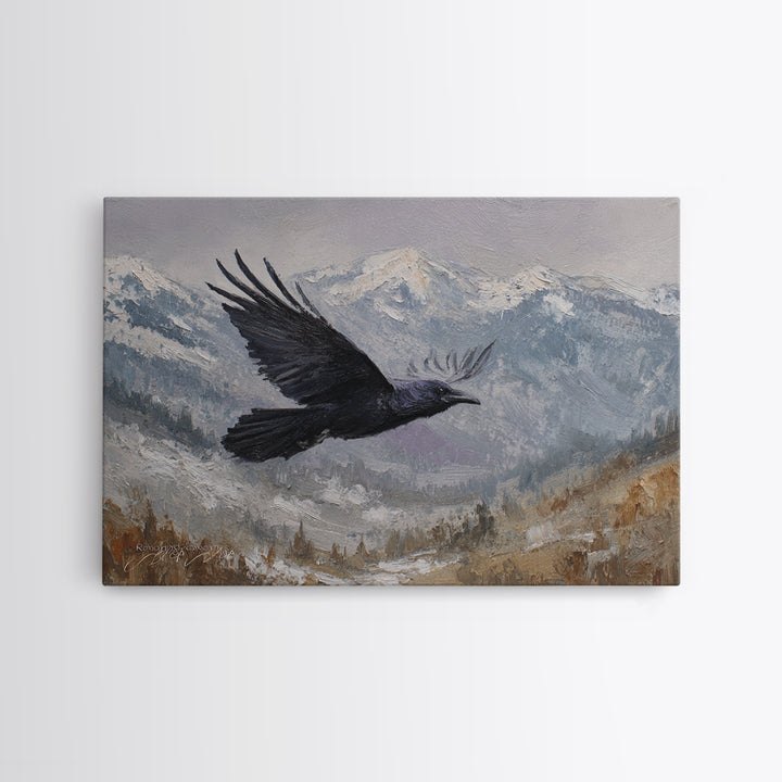 Raven Flying Through Snowy Mountains Framed Canvas Print, Wildlife Art, Living Room Decor, Watercolor Art, Wild, WIL-3x2-28