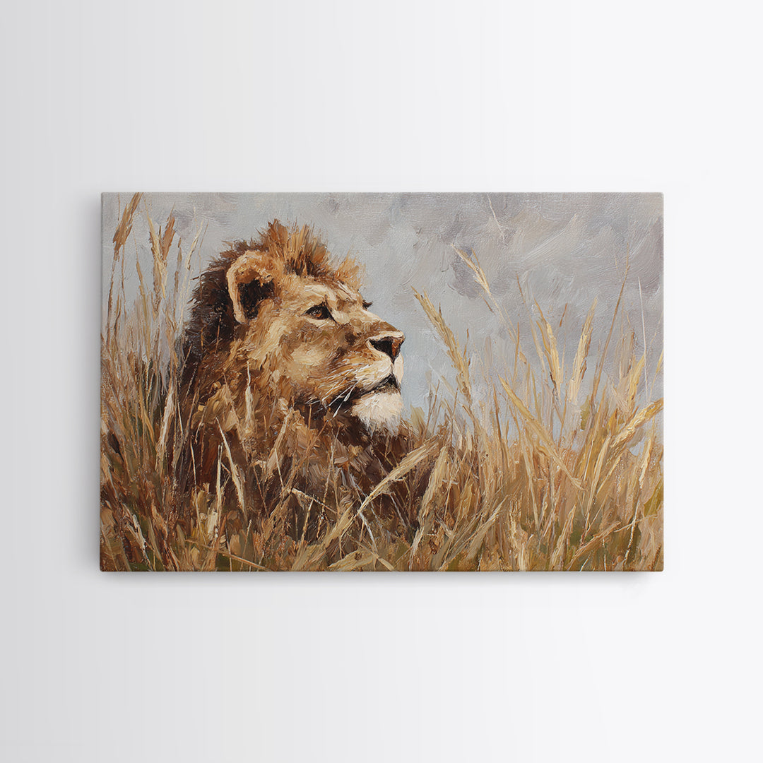 Lion Emerging from Golden Savanna Grass Canvas Print, Wildlife Art, Bird Wall Art, Living Room Decor, Fine Art, Wild, WIL-3x2-29