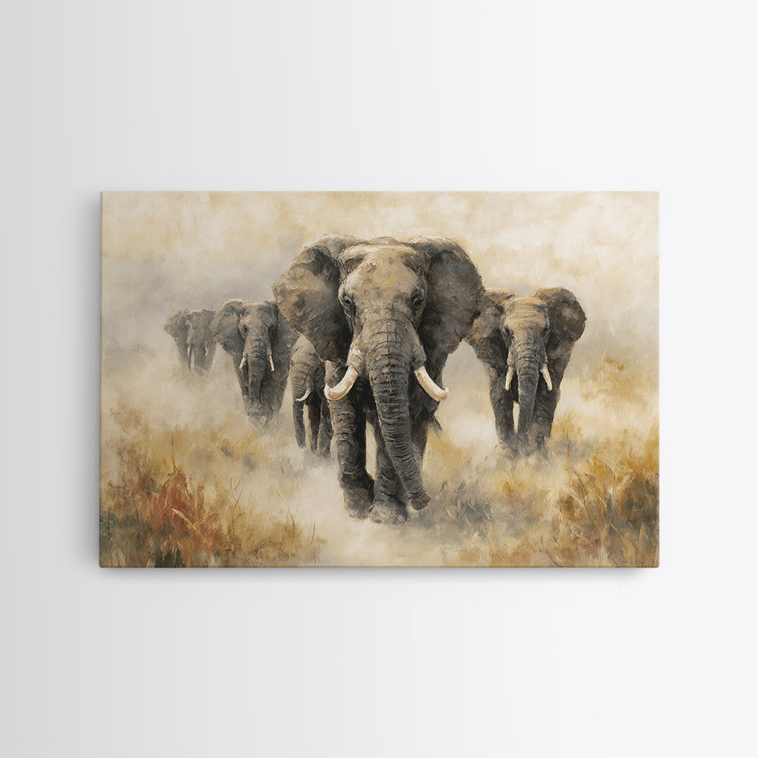 Elephant Herd Walking Through Dusty Sunset Canvas Print, Wildlife Art, Living Room Wall Art, Living Room Decor, Fine Art, Wild, WIL-3x2-30