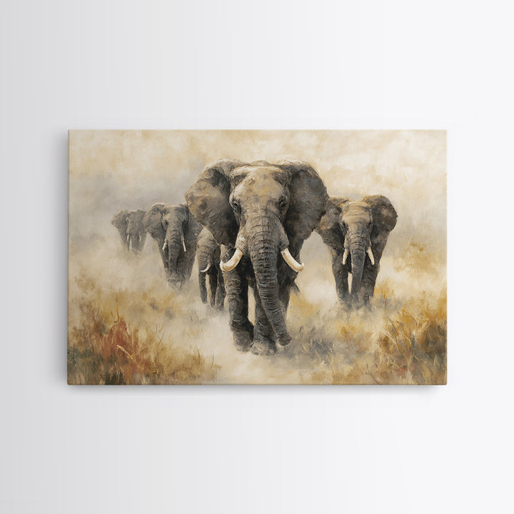 Elephant Herd Walking Through Dusty Sunset Canvas Print, Wildlife Art, Living Room Wall Art, Living Room Decor, Fine Art, Wild, WIL-3x2-30