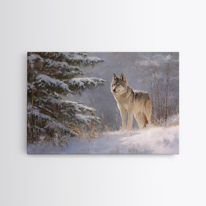 Wolf Standing Beneath Snowy Pine Trees Framed Canvas Print, Wildlife Art, Canvas Painting, Living Room Decor, Fine Art, Wild, WIL-3x2-31