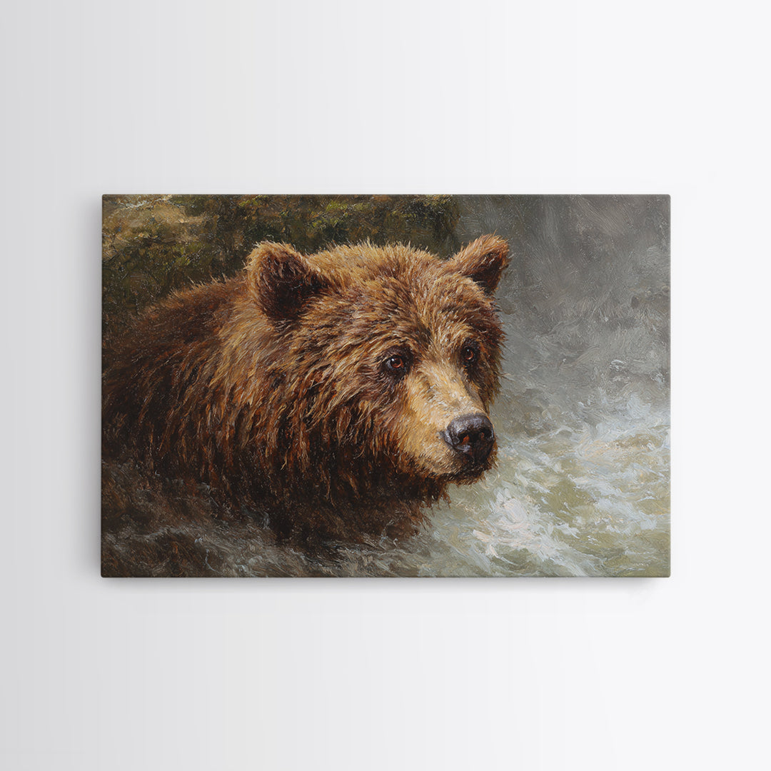 Bear Fishing in Rushing Mountain River Canvas Print, Wildlife Art, Bird Art, Living Room Decor, Oil Painting, Wild, WIL-3x2-32