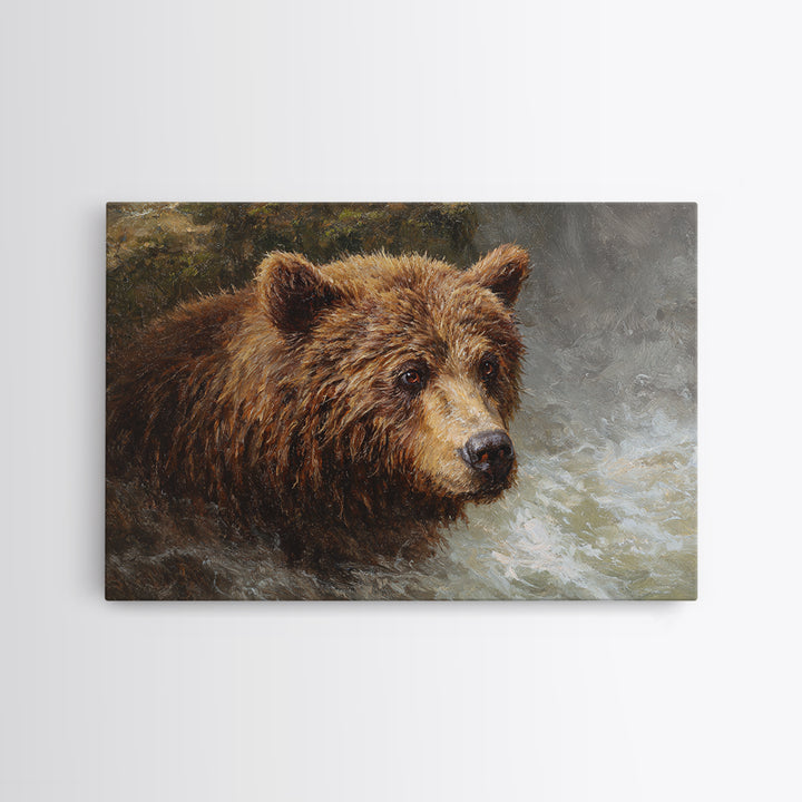Bear Fishing in Rushing Mountain River Canvas Print, Wildlife Art, Bird Art, Living Room Decor, Oil Painting, Wild, WIL-3x2-32