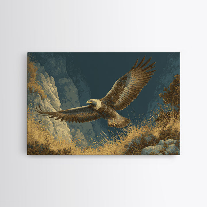 Eagle Soaring Above Rocky Cliffs Canvas Print, Wildlife Art, Bird Art, Living Room Decor, Watercolor Art, Wild, WIL-3x2-34