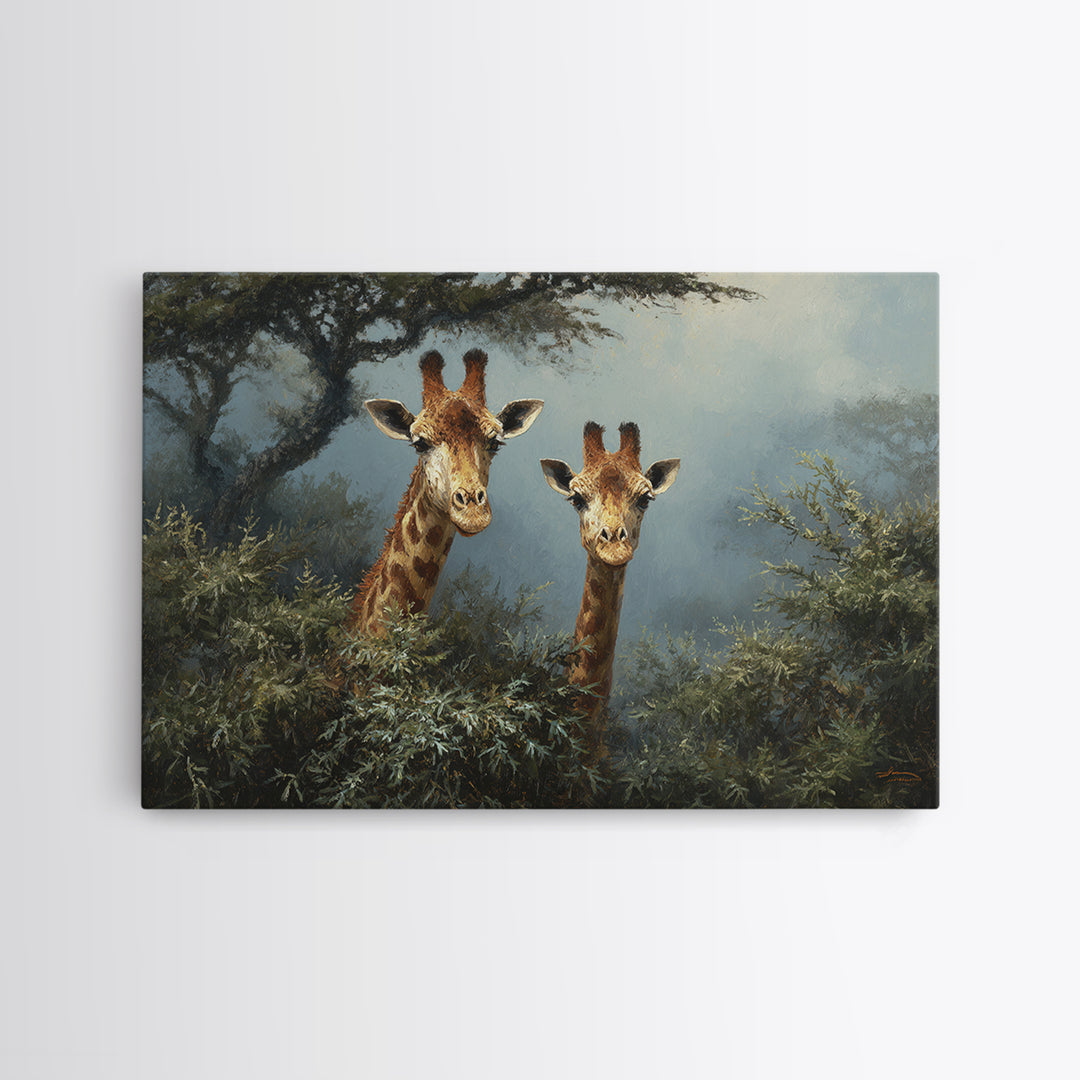 Giraffe Pair under Acacia Tree Framed Canvas Print, Wildlife Art, Rustic Home Decor, Living Room Decor, Fine Art, Wild, WIL-3x2-35
