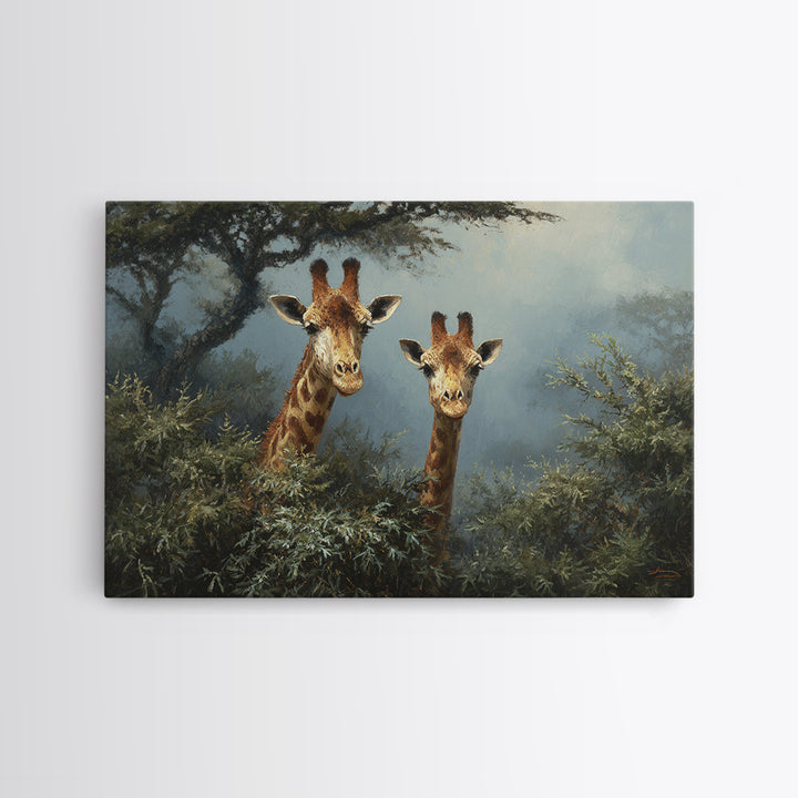 Giraffe Pair under Acacia Tree Framed Canvas Print, Wildlife Art, Rustic Home Decor, Living Room Decor, Fine Art, Wild, WIL-3x2-35