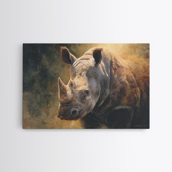 Rhino in Dramatic Stormy Light Framed Canvas Print, Wildlife Art, Bedroom Wall Art, Living Room Decor, Fine Art, Wild, WIL-3x2-36