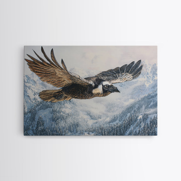 Raven Flying Through Snowy Mountains Canvas Print, Wildlife Art, Wall Hangings, Living Room Decor, Fine Art, Wild, Bird Art, WIL-3x2-4