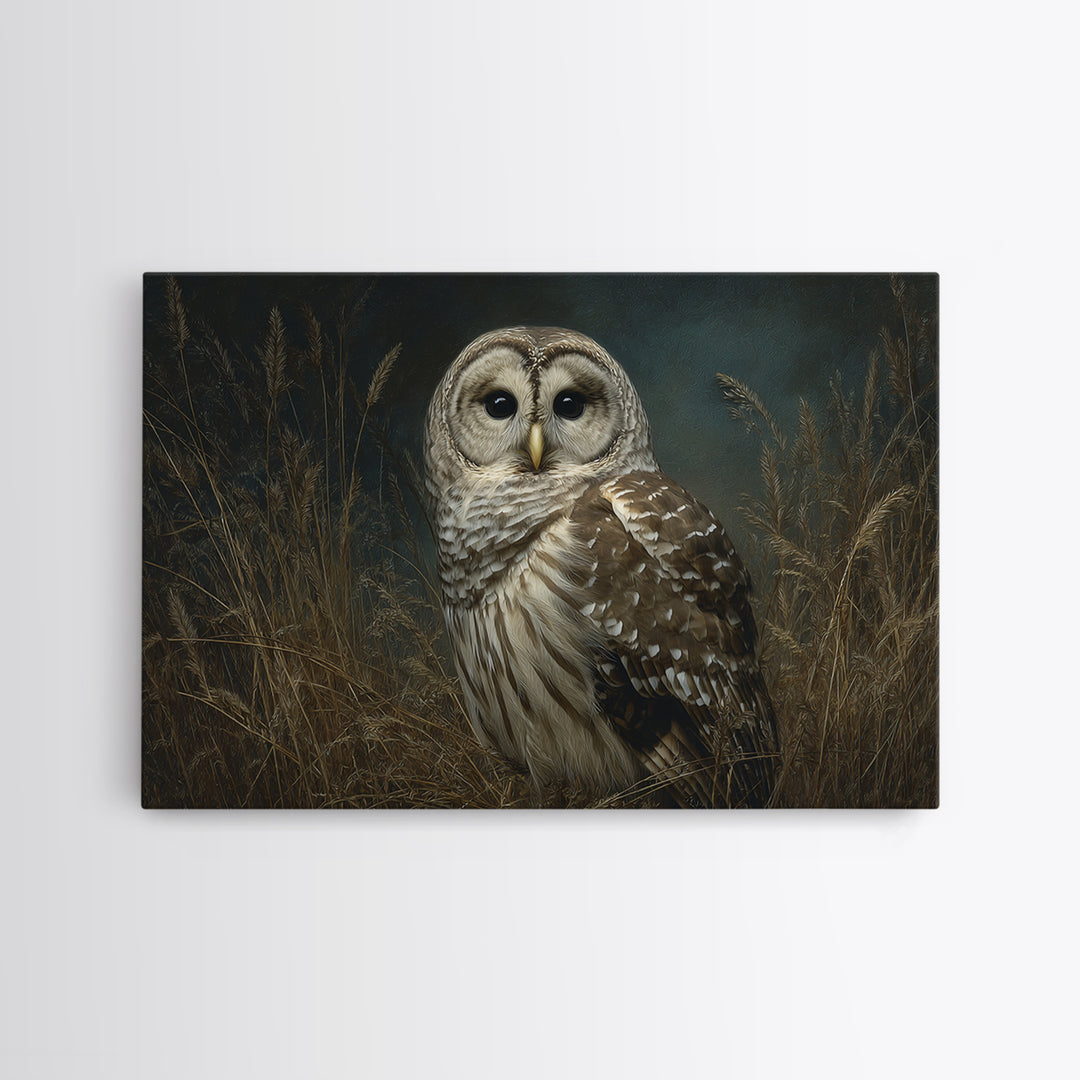 Owl Perched in Moonlit Woodland Framed Canvas Print, Wildlife Art, Modern Art, Living Room Decor, Oil Painting, Wild, WIL-3x2-40