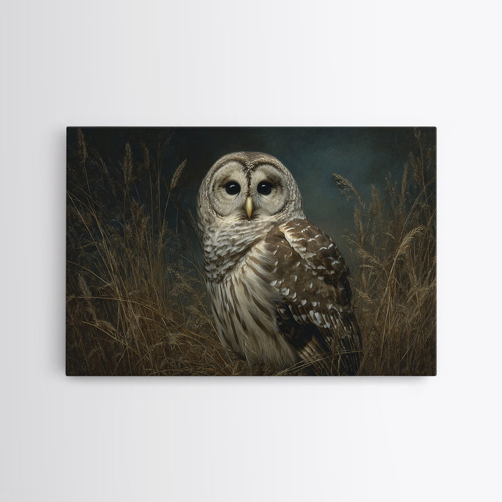 Owl Perched in Moonlit Woodland Framed Canvas Print, Wildlife Art, Modern Art, Living Room Decor, Oil Painting, Wild, WIL-3x2-40