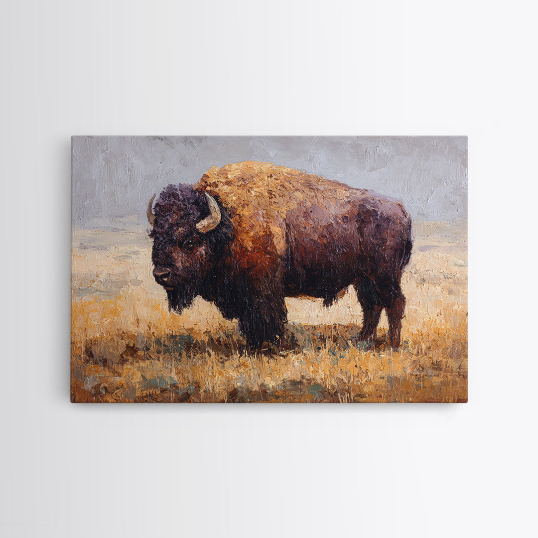 Bison on Wide Western Prairie Framed Canvas Print, Wildlife Art, Digital Download Art, Living Room Decor, Watercolor Art, Wild, WIL-3x2-41