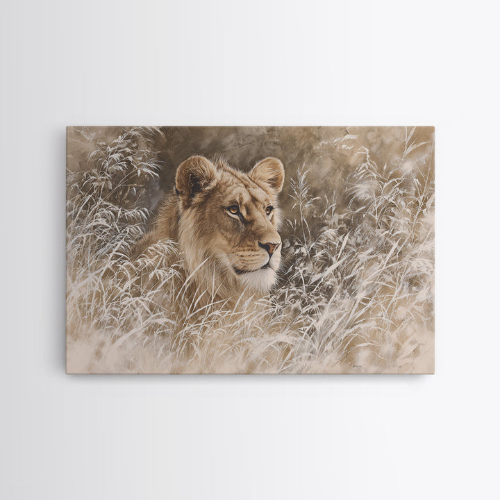 Lion Emerging from Golden Savanna Grass Framed Canvas Print, Wildlife Art, Modern Art, Living Room Decor, Fine Art, Wild, WIL-3x2-5