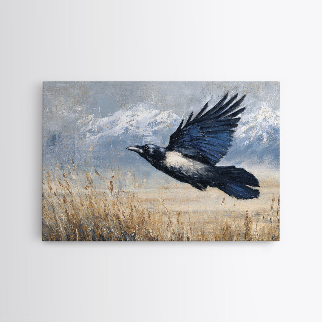 Raven Flying Through Snowy Mountains Canvas Print, Wildlife Art, Living Room Wall Art, Living Room Decor, Fine Art, Wild, WIL-3x2-52