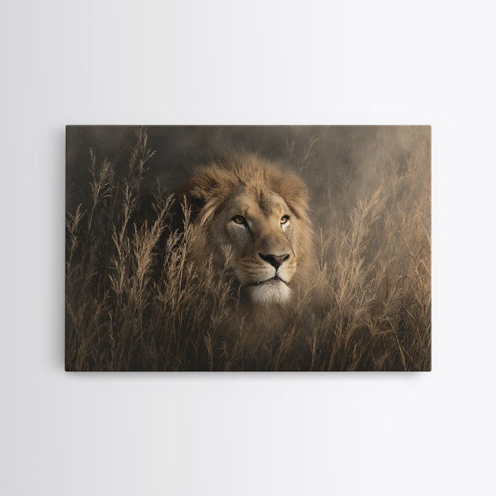 Lion Emerging from Golden Savanna Grass Canvas Print, Wildlife Art, Bird Wall Art, Living Room Decor, Fine Art, Wild, WIL-3x2-53