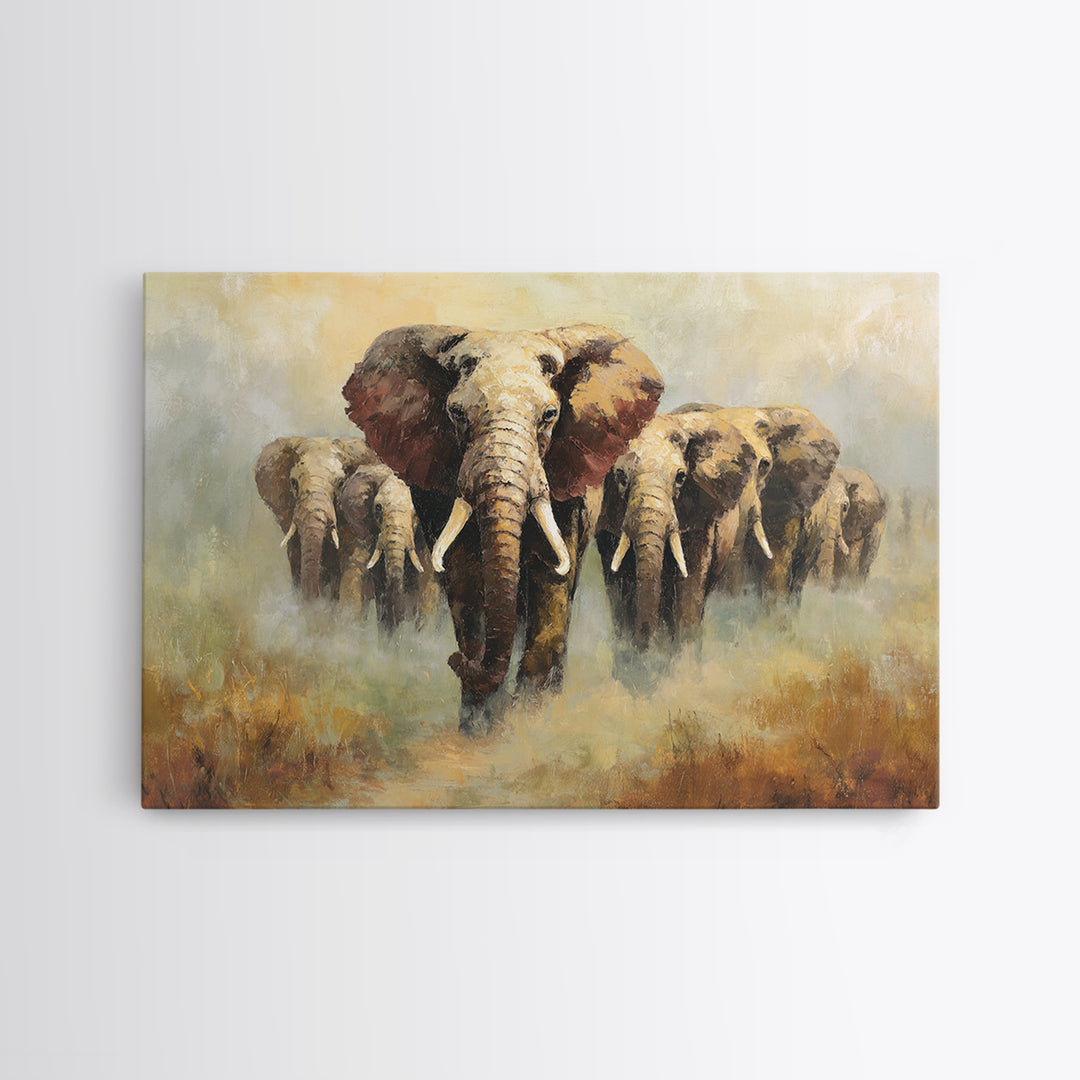 Elephant Herd Walking Through Dusty Sunset Canvas Print, Wildlife Art, Living Room Wall Art, Living Room Decor, Fine Art, Wild, WIL-3x2-54