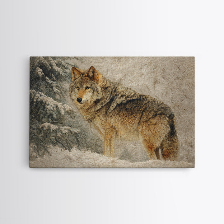Wolf Standing Beneath Snowy Pine Trees Framed Canvas Print, Wildlife Art, Wall Decor, Living Room Decor, Oil Painting, Wild, WIL-3x2-55