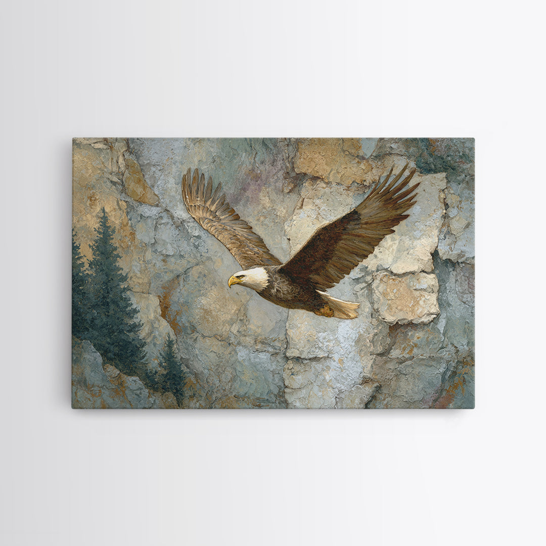 Eagle Soaring Above Rocky Cliffs Canvas Print, Wildlife Art, Bird Art, Living Room Decor, Watercolor Art, Wild, WIL-3x2-58