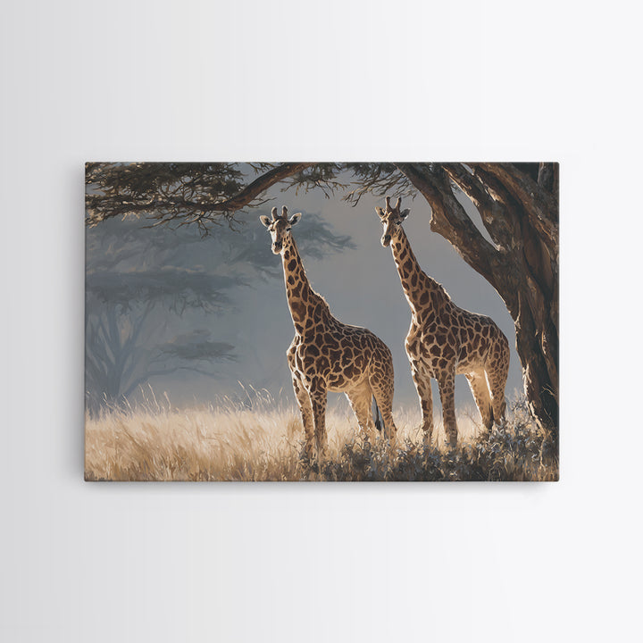 Giraffe Pair under Acacia Tree Framed Canvas Print, Wildlife Art, Living Room Decor, Oil Painting, Wild, Digital Wall Art, WIL-3x2-59