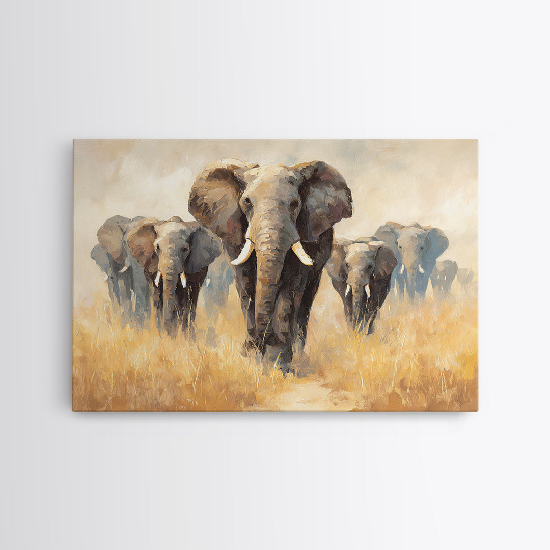 Elephant Herd Walking Through Dusty Sunset Framed Canvas Print, Wildlife Art, Living Room Decor, Wild, Living Room Art, WIL-3x2-6