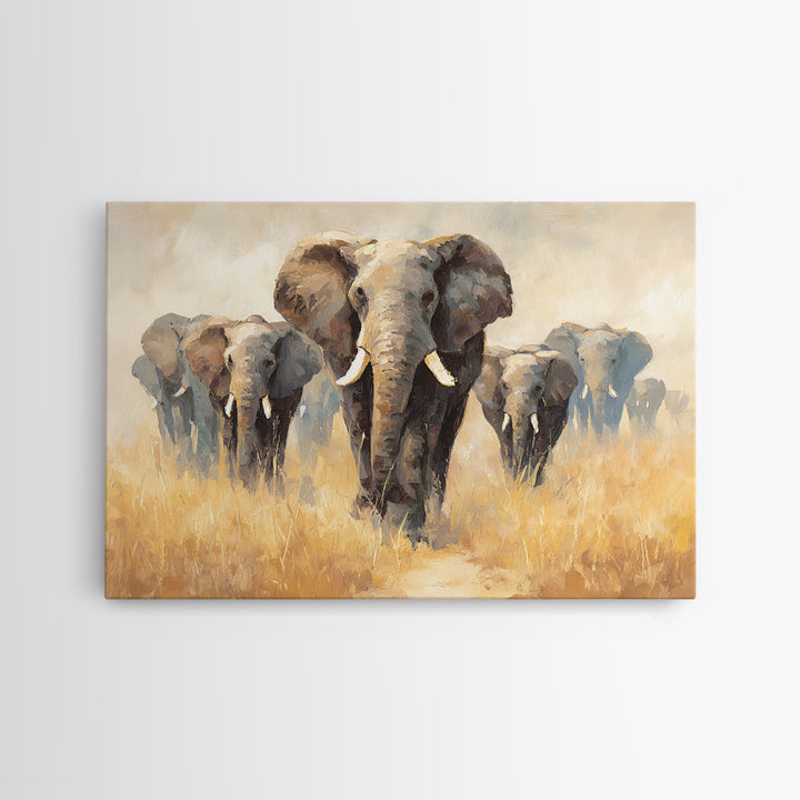 Elephant Herd Walking Through Dusty Sunset Framed Canvas Print, Wildlife Art, Living Room Decor, Wild, Living Room Art, WIL-3x2-6
