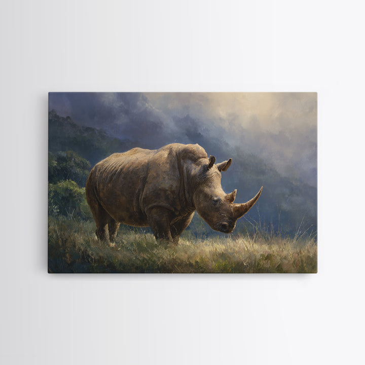 Rhino in Dramatic Stormy Light Framed Canvas Print, Wildlife Art, Original Artwork, Living Room Decor, Fine Art, Wild, WIL-3x2-60