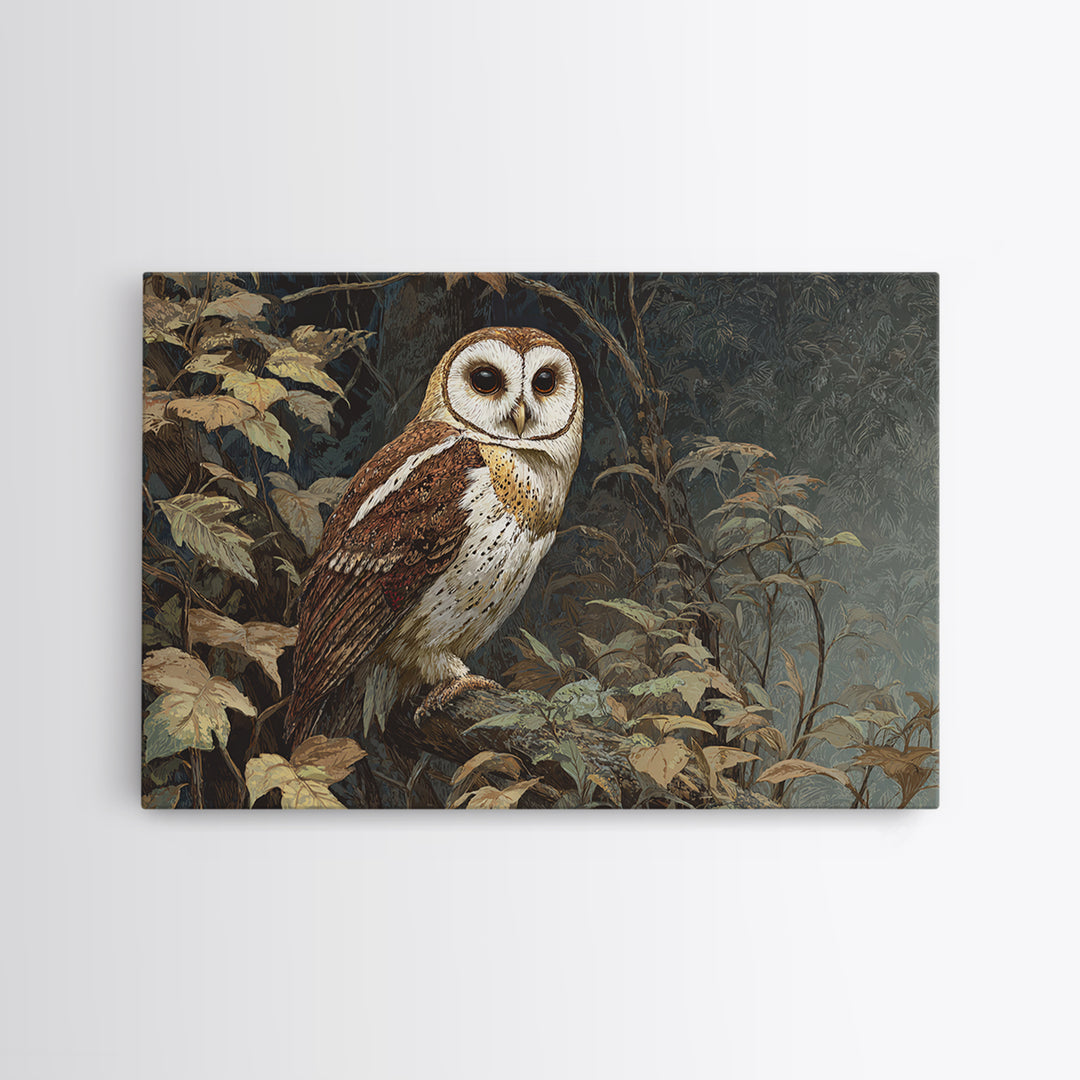 Owl Perched in Moonlit Woodland Framed Canvas Print, Wildlife Art, Gallery Decor, Living Room Decor, Abstract Art, Wild, WIL-3x2-64