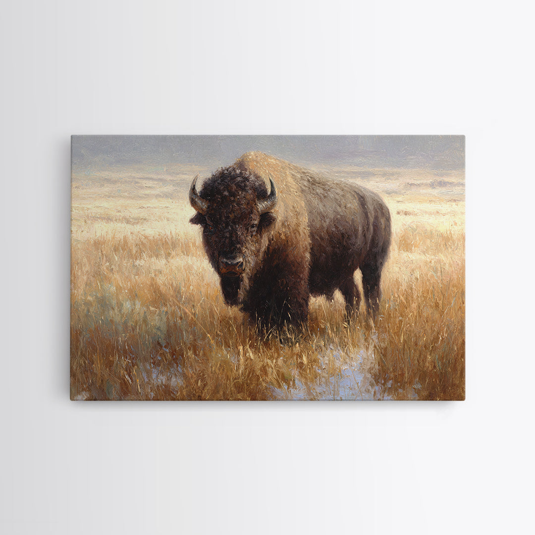 Bison on Wide Western Prairie Framed Canvas Print, Wildlife Art, Digital Download Art, Living Room Decor, Watercolor Art, Wild, WIL-3x2-65