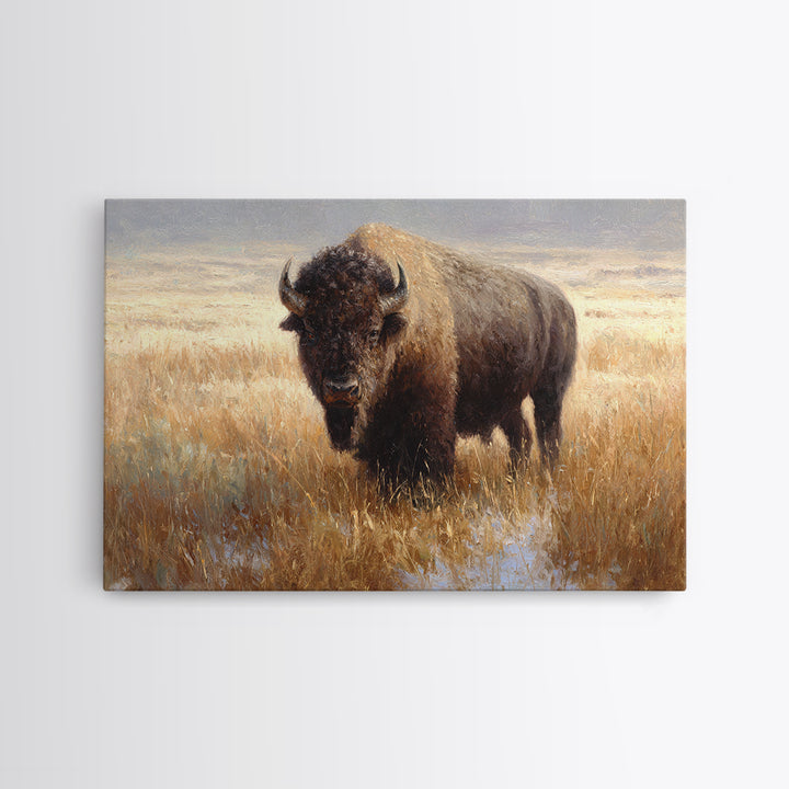 Bison on Wide Western Prairie Framed Canvas Print, Wildlife Art, Digital Download Art, Living Room Decor, Watercolor Art, Wild, WIL-3x2-65