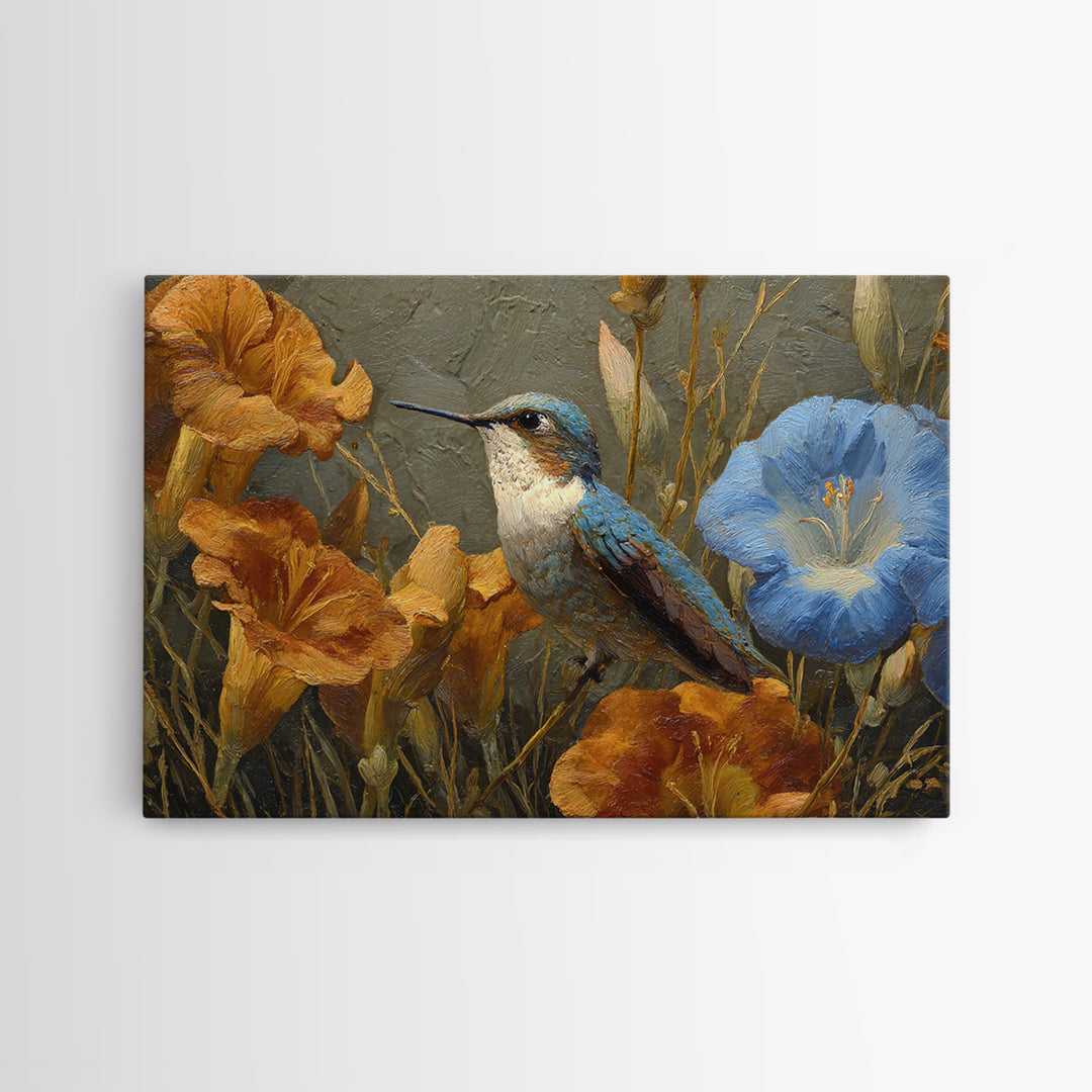 Hummingbird Beside Bright Flowers Canvas Print, Wildlife Art, Neutral Decor, Living Room Decor, Oil Painting, Wild, Wall Art, WIL-3x2-68