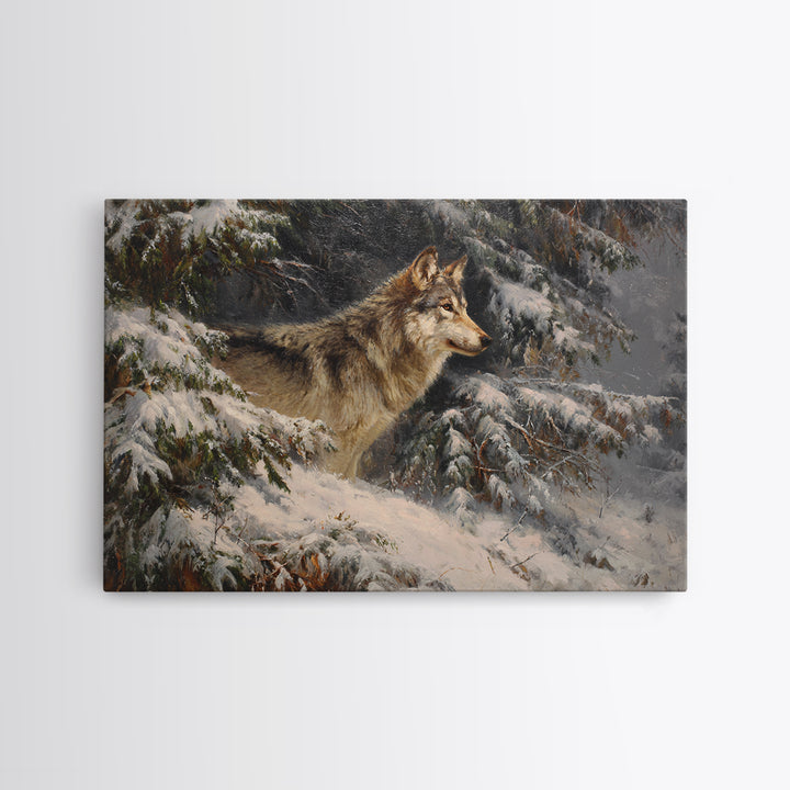Wolf Standing Beneath Snowy Pine Trees Framed Canvas Print, Wildlife Art, Home Decor, Living Room Decor, Abstract Art, Wild, WIL-3x2-7