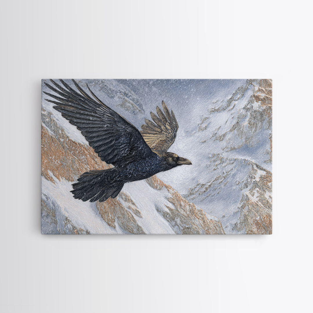 Raven Flying Through Snowy Mountains Canvas Print, Wildlife Art, Forest Wall Art, Living Room Decor, Fine Art, Wild, WIL-3x2-76