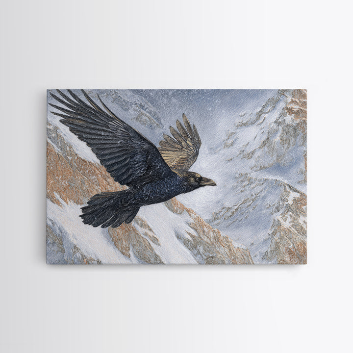 Raven Flying Through Snowy Mountains Canvas Print, Wildlife Art, Forest Wall Art, Living Room Decor, Fine Art, Wild, WIL-3x2-76