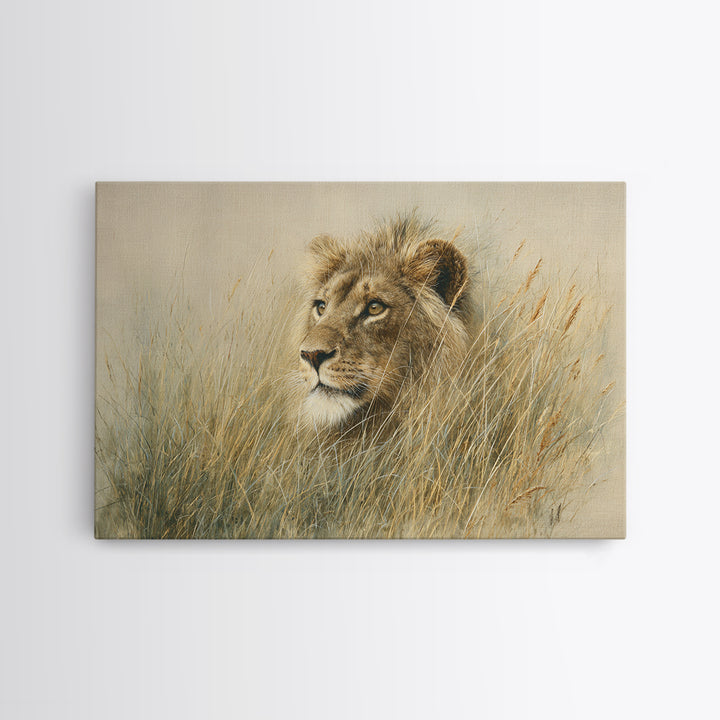 Lion Emerging from Golden Savanna Grass Framed Canvas Print, Wildlife Art, Gallery Decor, Living Room Decor, Fine Art, Wild, WIL-3x2-77