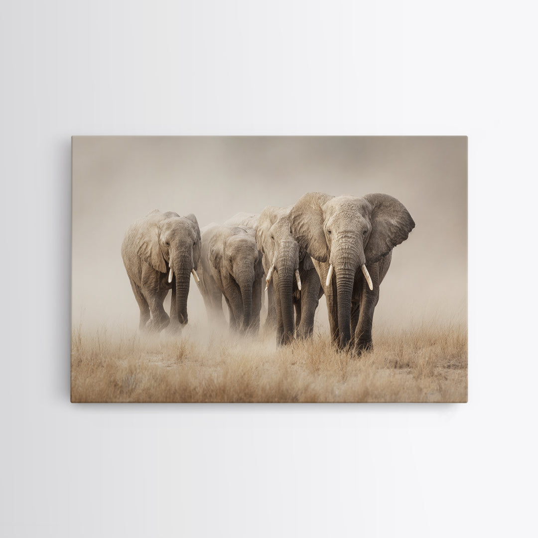 Elephant Herd Walking Through Dusty Sunset Framed Canvas Print, Wildlife Art, Digital Download Art, Living Room Decor, Wild, WIL-3x2-78