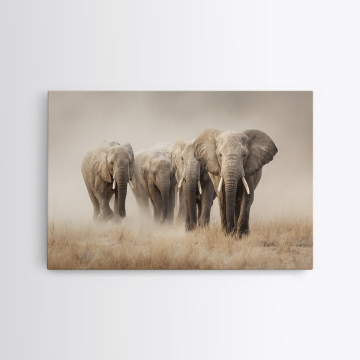 Elephant Herd Walking Through Dusty Sunset Framed Canvas Print, Wildlife Art, Digital Download Art, Living Room Decor, Wild, WIL-3x2-78