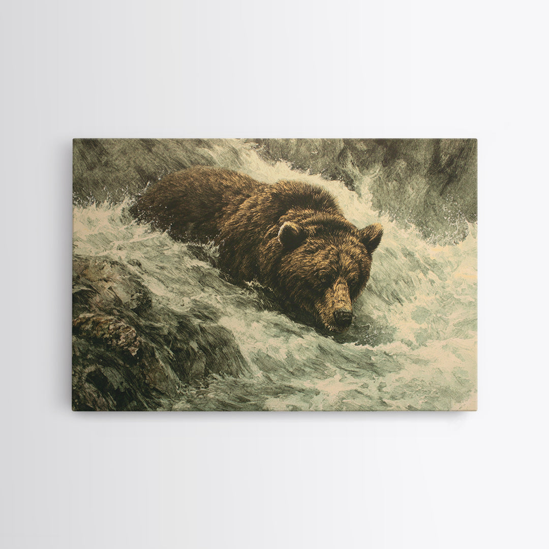 Bear Fishing in Rushing Mountain River Framed Canvas Print, Wildlife Art, Wall Art Print, Living Room Decor, Fine Art, Wild, WIL-3x2-8