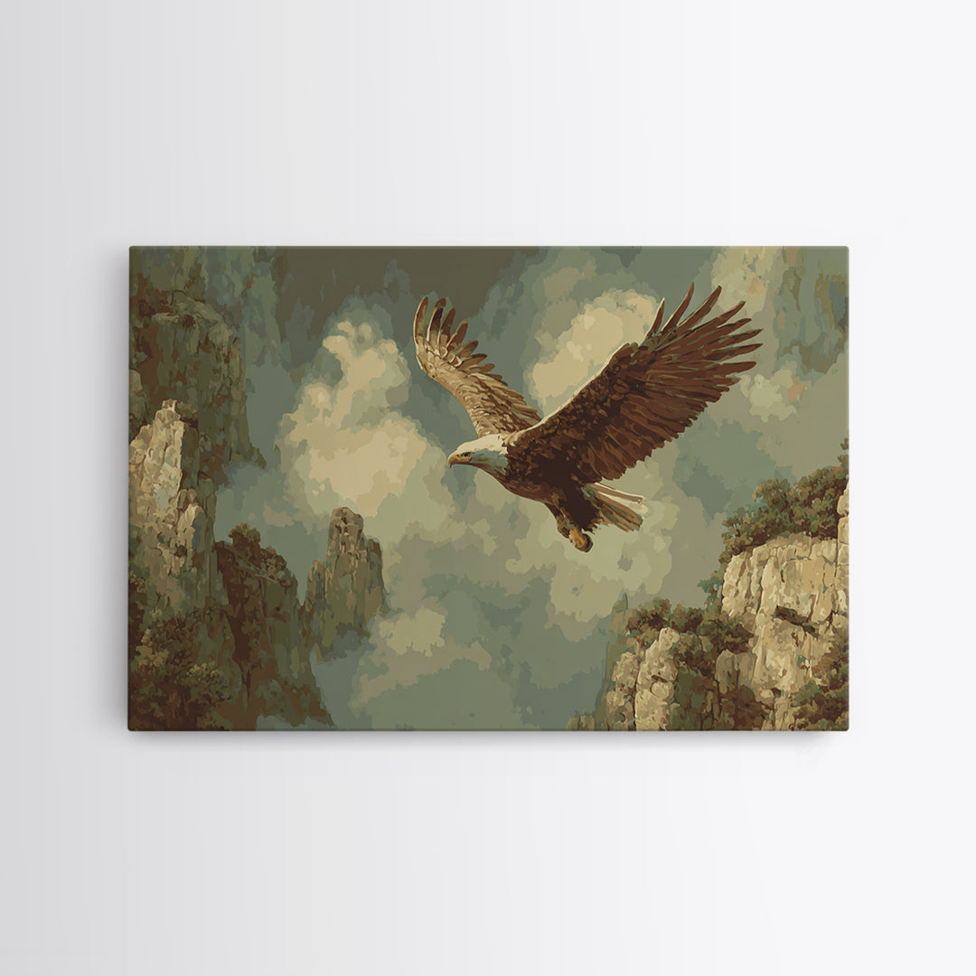 Eagle Soaring Above Rocky Cliffs Framed Canvas Print, Wildlife Art, Living Room Art, Living Room Decor, Oil Painting, Wild, WIL-3x2-82