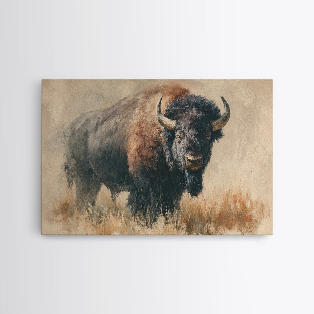 Bison on Wide Western Prairie Canvas Print, Wildlife Art, Forest Wall Art, Living Room Decor, Oil Painting, Wild, WIL-3x2-89