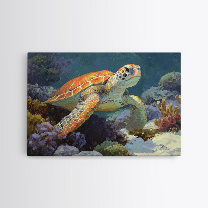 Sea Turtle over Coral Reef Canvas Print, Wildlife Art, Landscape Art, Living Room Decor, Abstract Art, Wild, Modern Decor, WIL-3x2-94