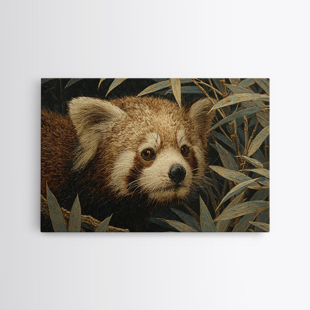 Red Panda Among Bamboo Leaves Framed Canvas Print, Wildlife Art, Art Print, Living Room Decor, Fine Art, Wild, Digital Wall Art, WIL-3x2-96